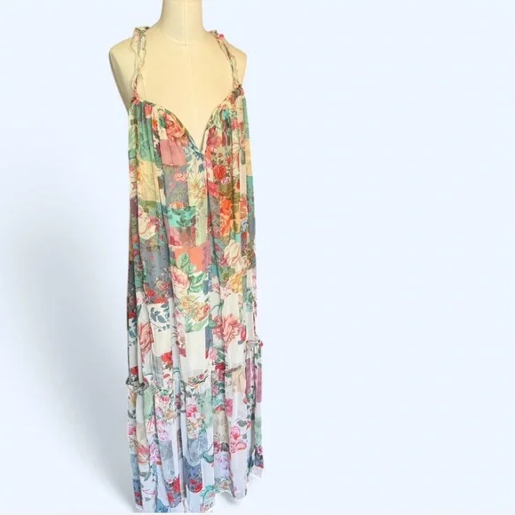 Anthropologie | Dresses | Anthropologie Maci Dress Chiffon Pink And Green  Tiered Ruffled Straps Adjustable | Poshmark